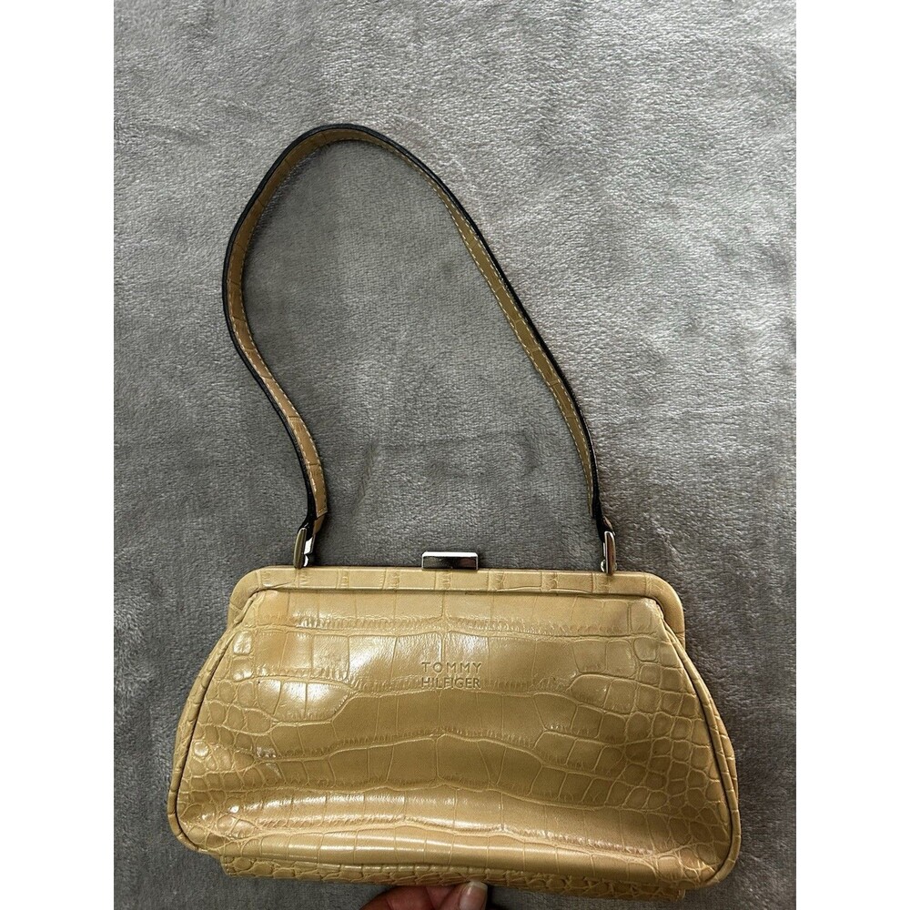 Tommy Hilfiger Croc Embossed Shoulder Bag Tan Faux Leather Kiss Lock Clutch